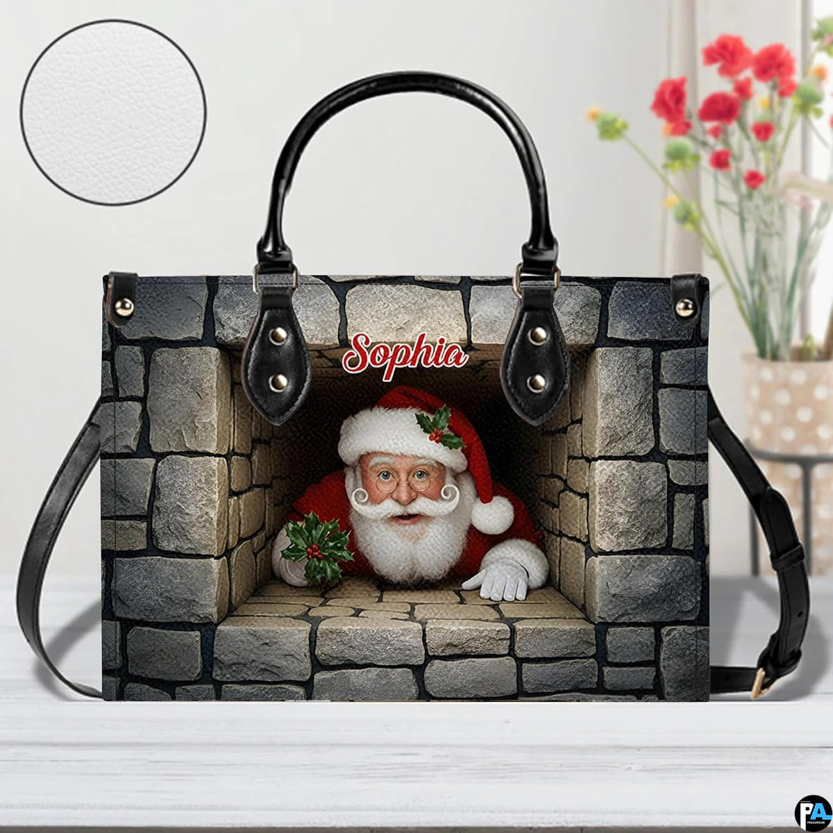 Front perspective of the Santa fireplace accessory placed on a light surface with floral background.