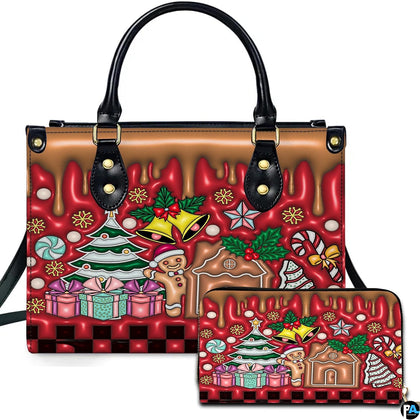 Front view of gingerbread house caramel drip handbag and matching zip wallet on solid white background