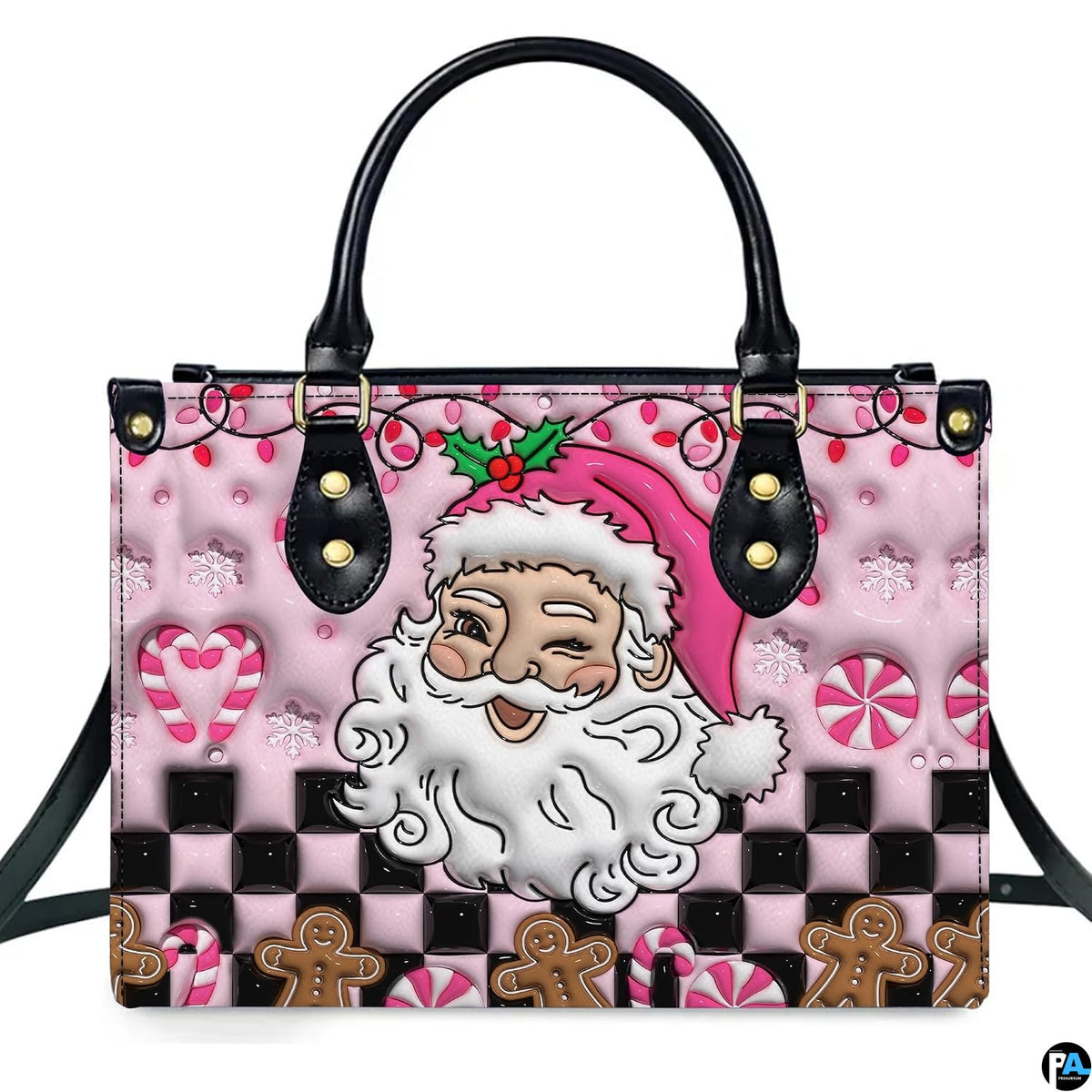 Front view of pink holiday handbag featuring retro winking Santa, gingerbread men, and candy canes.