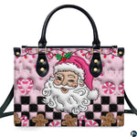 Front view of pink holiday handbag featuring retro winking Santa, gingerbread men, and candy canes.