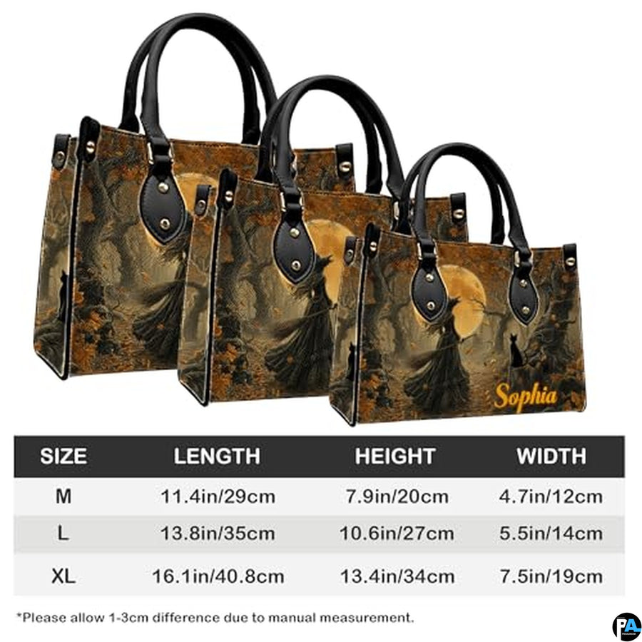 Personalized Halloween Leather Handbag – Custom Witch 3D Printing Effect Purses For Women – Spooky Gothic Shoulder Bag