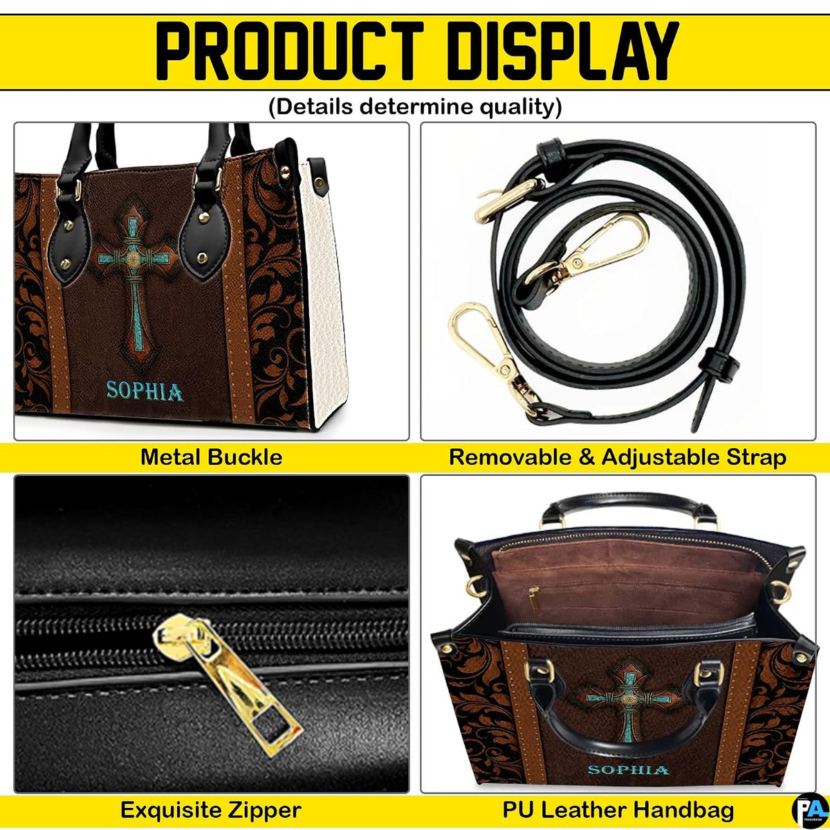 Hardware detail collage showing metallic clips, adjustable shoulder strap, zipper pull, and interior.