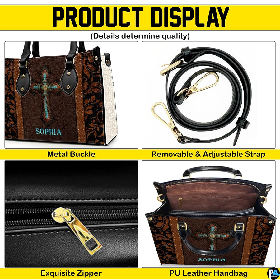 Hardware detail collage showing metallic clips, adjustable shoulder strap, zipper pull, and interior.