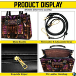 Close overview highlighting metallic hardware accents, sliding fastener, and interior lining pattern.