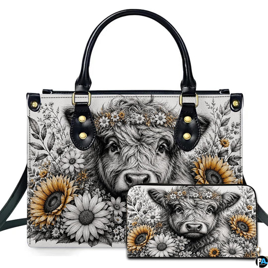 Monochrome sketch Highland cow portrait with daisy crown and selective golden sunflowers display
