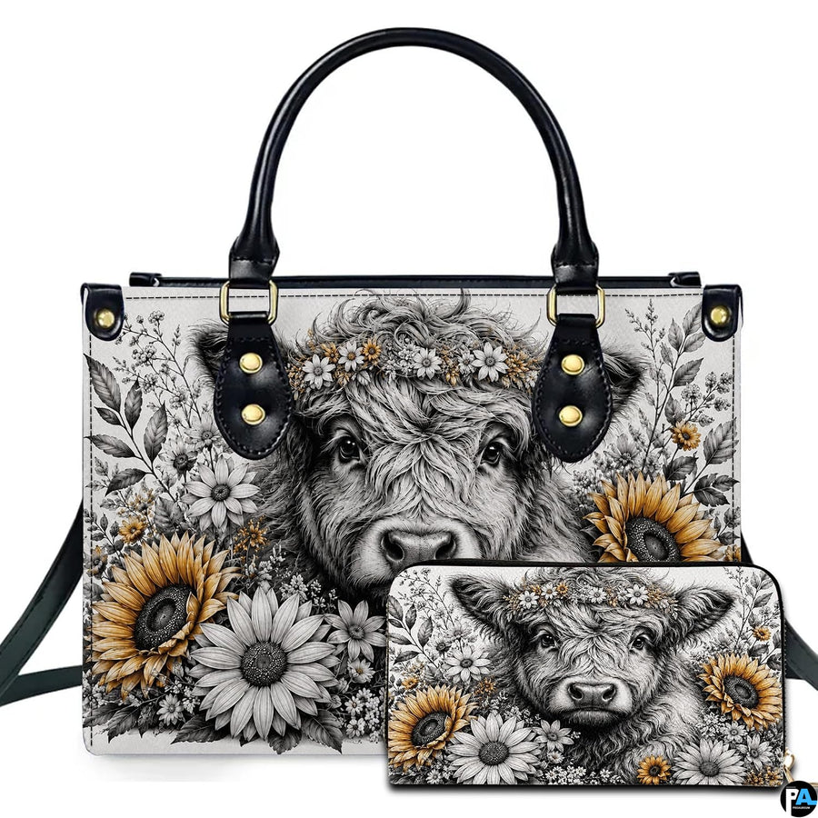 Monochrome sketch Highland cow portrait with daisy crown and selective golden sunflowers display