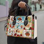 Lifestyle view of model carrying vintage Christmas collage handbag by top handle outdoors