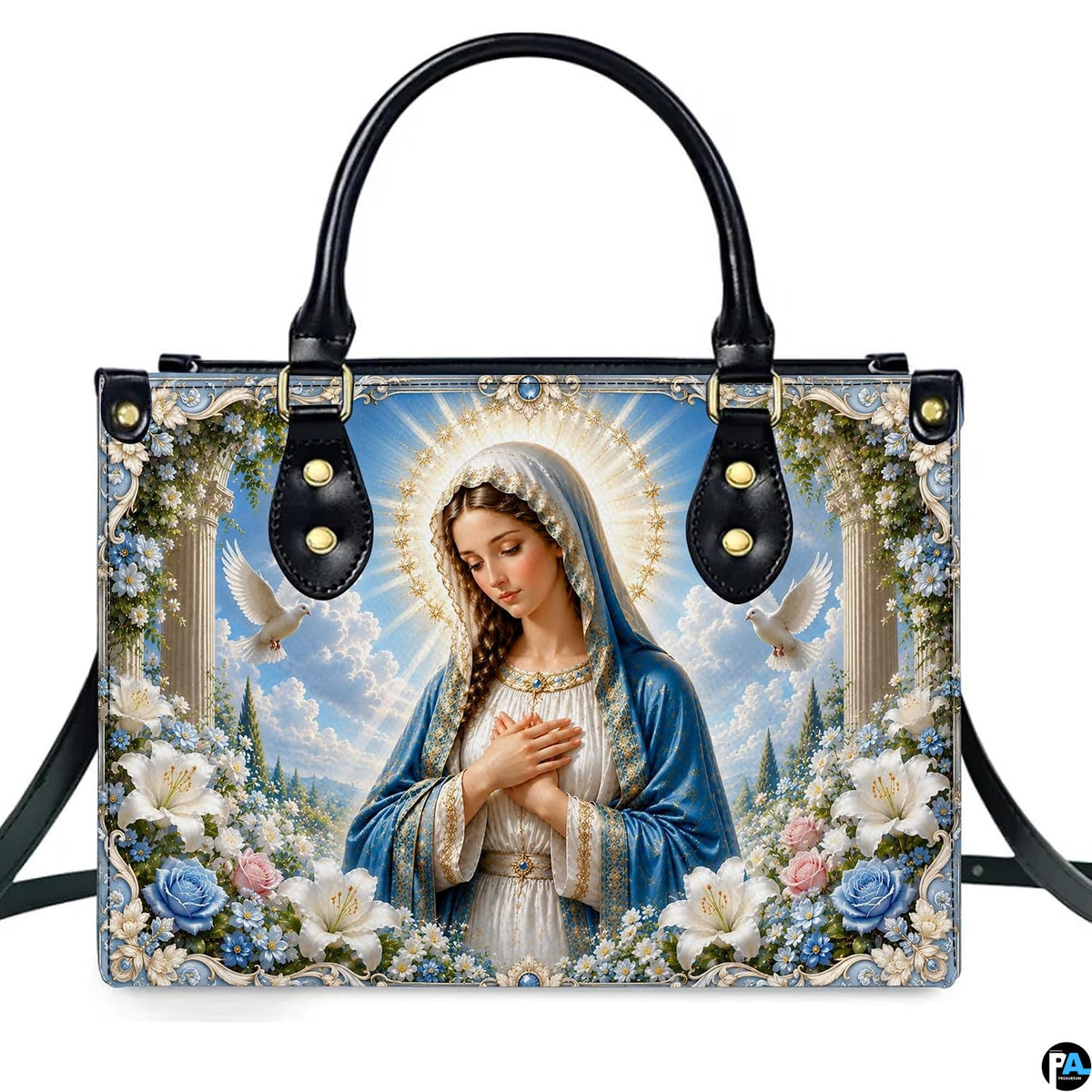 Tabletop display of white doves Madonna handbag highlighting flying doves and garden blossoms