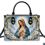 Tabletop display of white doves Madonna handbag highlighting flying doves and garden blossoms