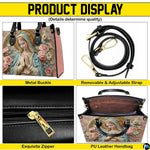 Top view of porcelain Madonna handbag displaying top zipper opening and carry handles