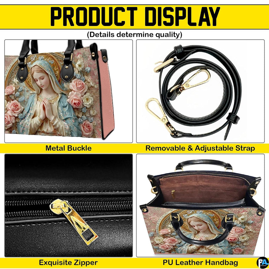 Top view of porcelain Madonna handbag displaying top zipper opening and carry handles