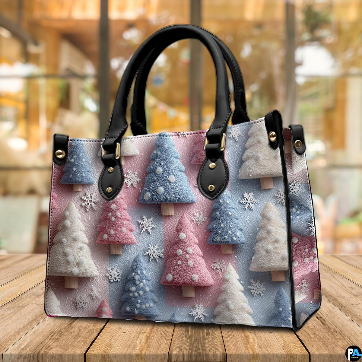 Warm cafe interior staging featuring the frosted pine tree and snowflake seasonal artwork