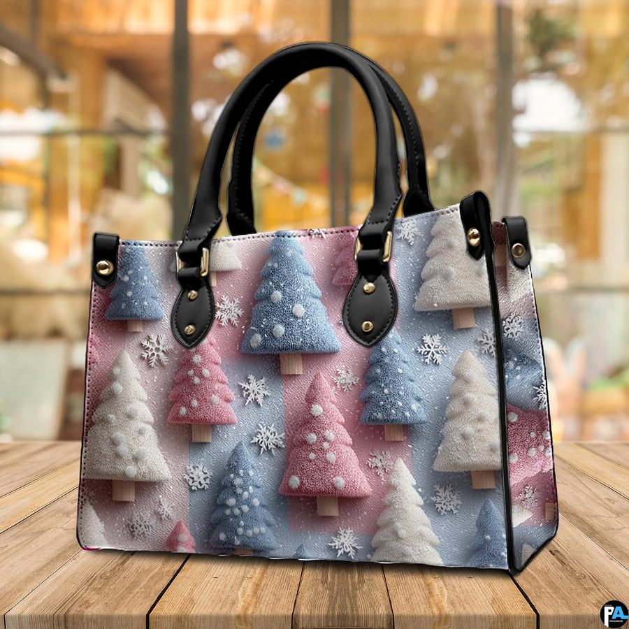 Warm cafe interior staging featuring the frosted pine tree and snowflake seasonal artwork