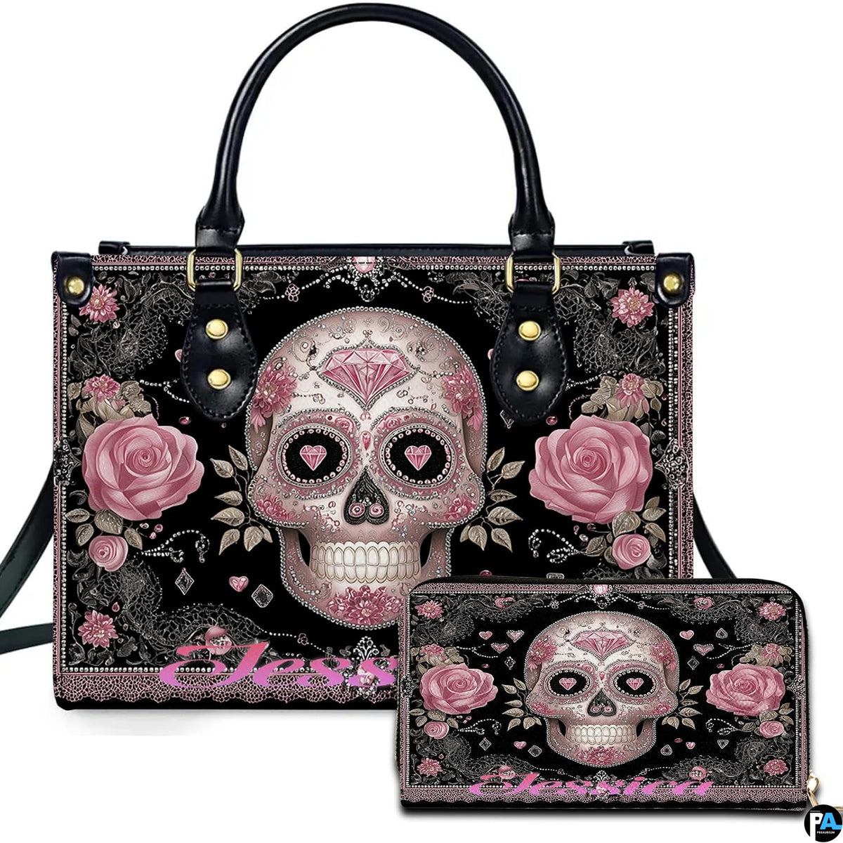 Pink sugar skull handbag and matching wallet set featuring calavera artwork with roses on black lace.
