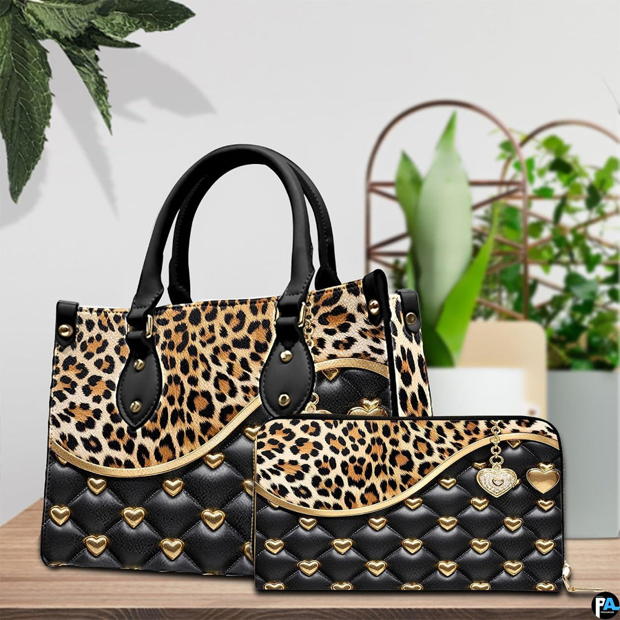 Side perspective of leopard print handbag highlighting metallic gold ribbon line detail.