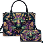 Handbag and matching wallet set featuring symmetrical hummingbird centered on purple and gold lotus mandala.