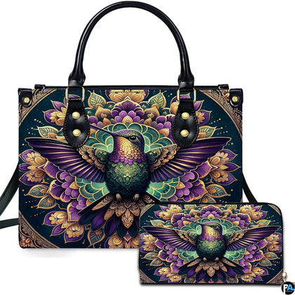 Handbag and matching wallet set featuring symmetrical hummingbird centered on purple and gold lotus mandala.