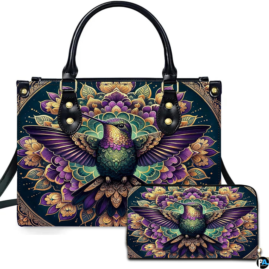 Handbag and matching wallet set featuring symmetrical hummingbird centered on purple and gold lotus mandala.