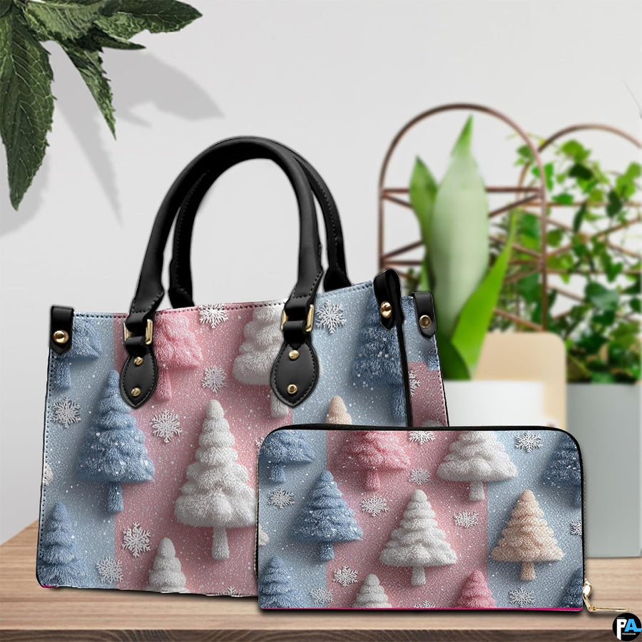 Matching accessory items presenting pastel holiday pine tree and snowflake patterns beside greenery