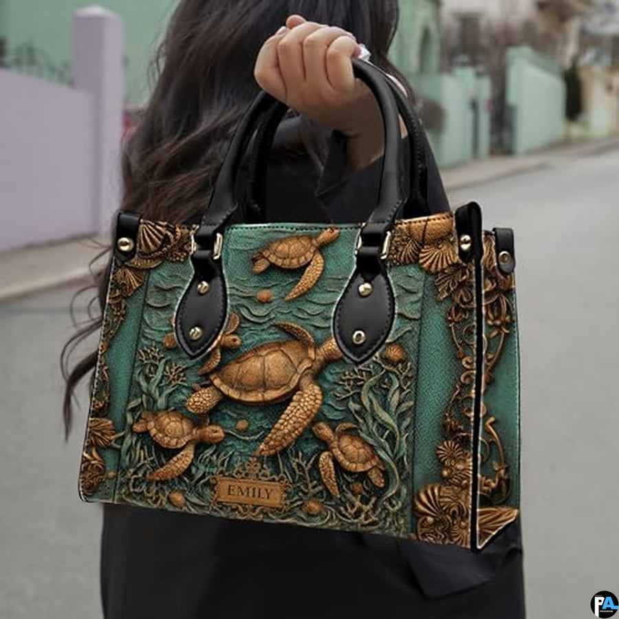 Personalized Animal Leather Handbag – Custom Name Flowers with 2D Print with 3D Effect – Gift for Gramma, Mom, Daughter