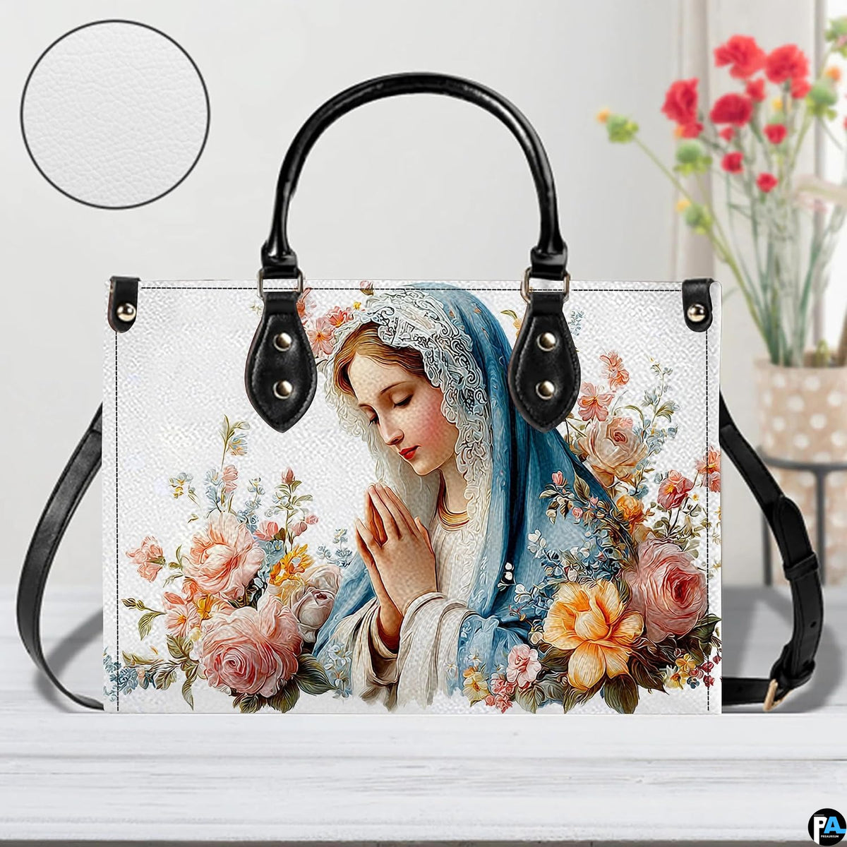 Detailed view of textured surface and praying Virgin Mary floral portrait.