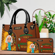 Chibi nurse cheetah print handbag and matching wallet set displayed on tabletop beside greenery.