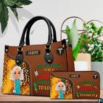 Chibi nurse cheetah print handbag and matching wallet set displayed on tabletop beside greenery.