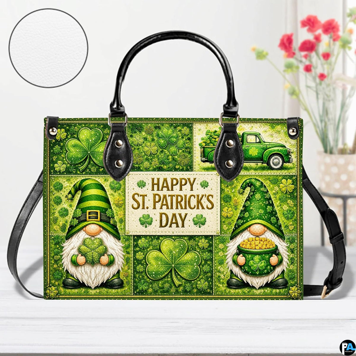 Front view of gnome clover handbag with vintage truck and typography panel