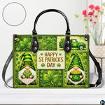 Front view of gnome clover handbag with vintage truck and typography panel