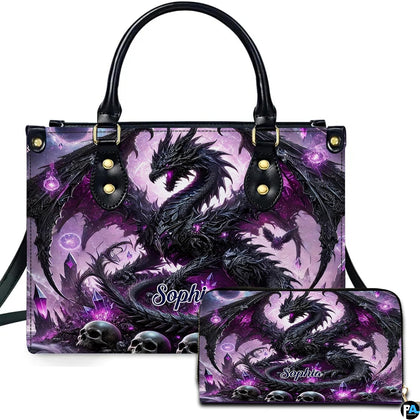 Gothic black dragon handbag and matching zip wallet set featuring glowing purple crystals and weathered skulls.