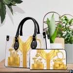 Angled view displaying the metallic gold physician uniform artwork printed across the handbag.