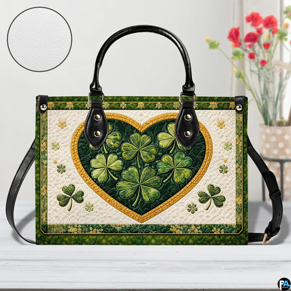 Front view of clover heart handbag with dark green botanical borders