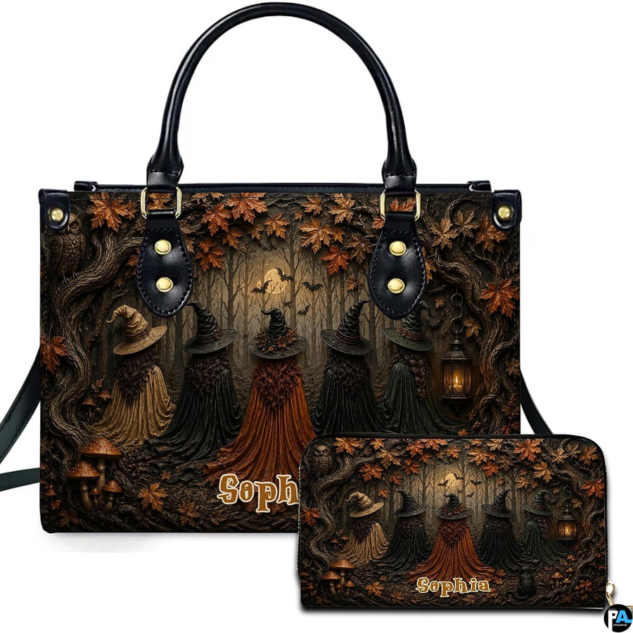 Personalized Witch Handbag with Purse, Custom Name Gothic Leather Bag Set for Women, Halloween Shoulder Bag, Witch Gift