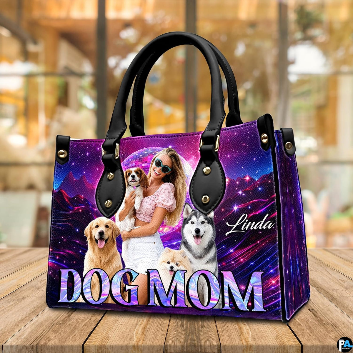 Arrangement of canine handbag and wallet presenting the unified retro synthwave theme.