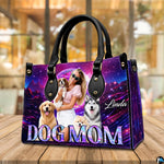 Arrangement of canine handbag and wallet presenting the unified retro synthwave theme.