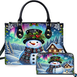 Northern Lights purse and matching wallet featuring a snowman under glowing Aurora Borealis skies.