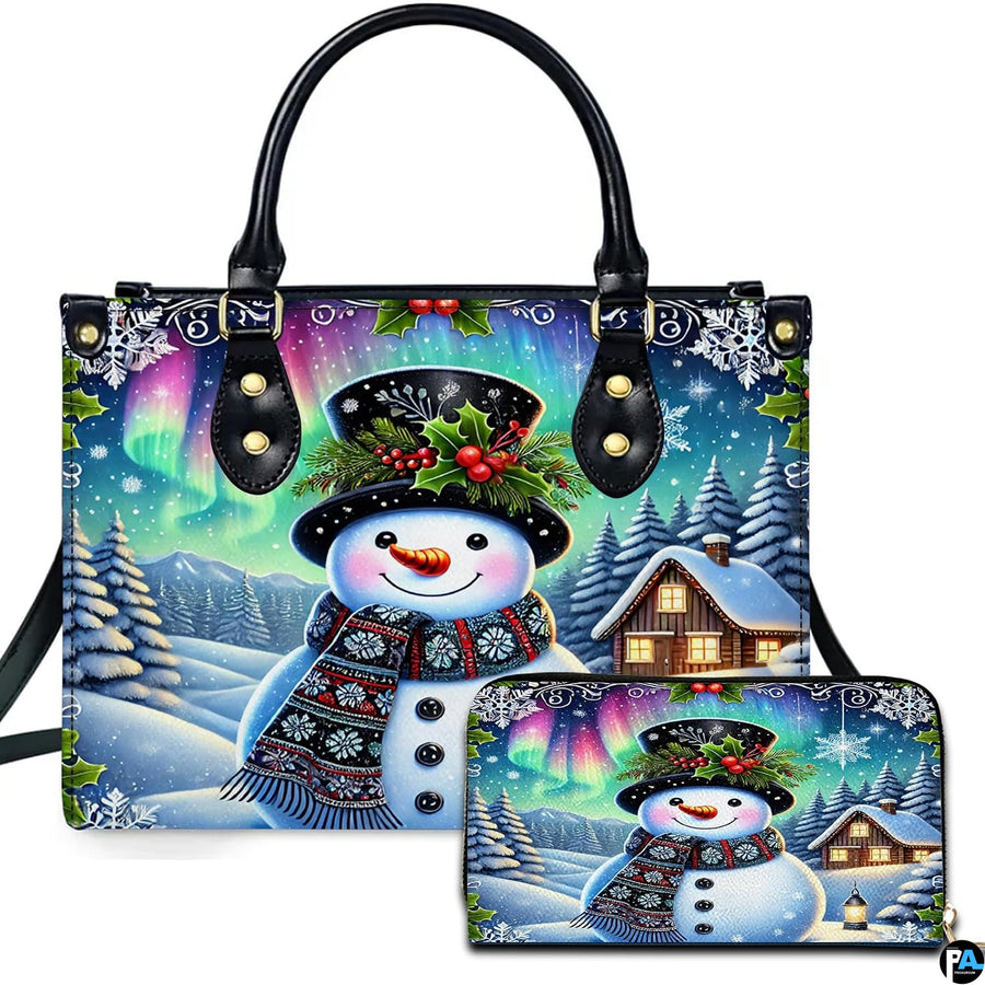 Northern Lights purse and matching wallet featuring a snowman under glowing Aurora Borealis skies.