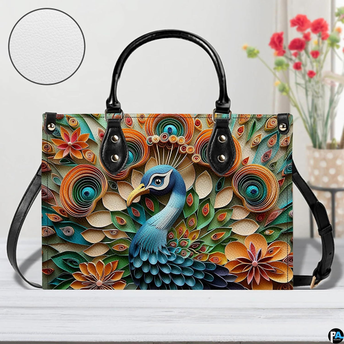 Geometric peacock handbag with orange teal feather-eye circles and flowers