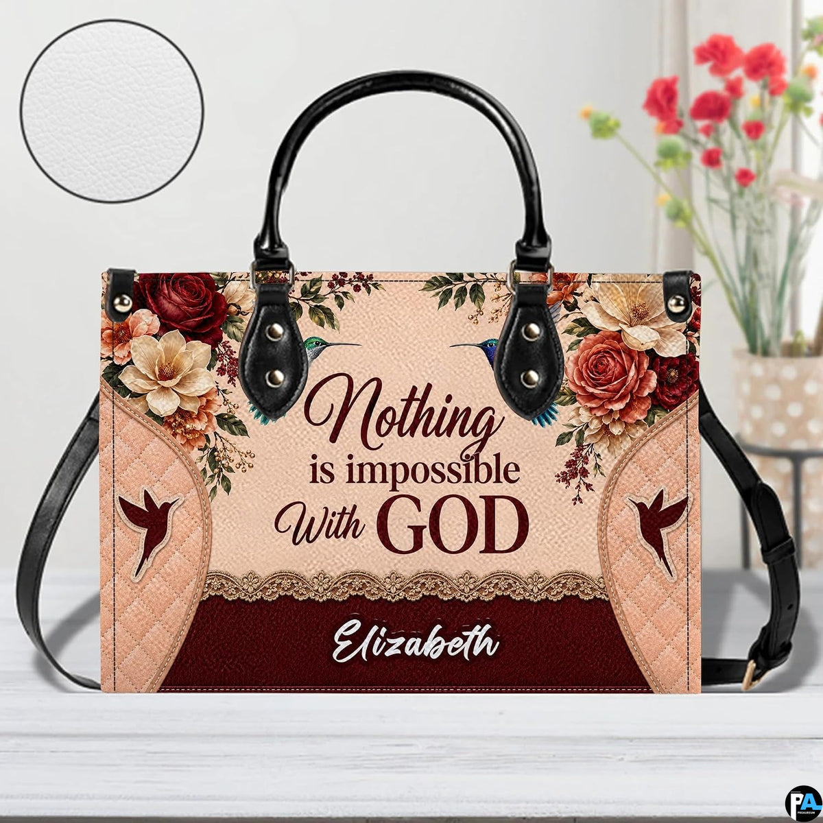 Display view of the printed floral faith artwork alongside an inset textured pattern circle.