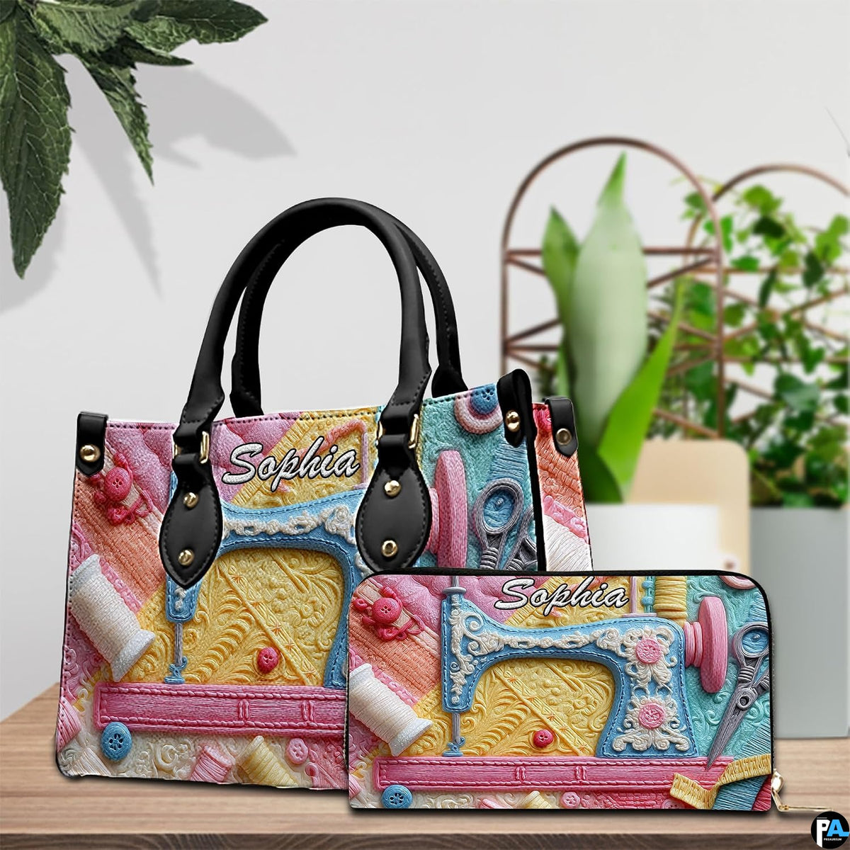 Coordinating companion accessory exhibiting identical pastel retro sewing machine craft illustration.