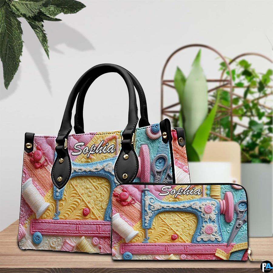 Coordinating companion accessory exhibiting identical pastel retro sewing machine craft illustration.