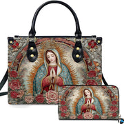 Our Lady of Guadalupe handbag displaying arched relief art with sunburst halo.