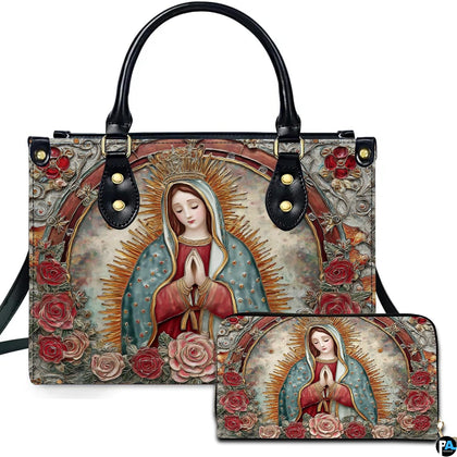 Our Lady of Guadalupe handbag displaying arched relief art with sunburst halo.
