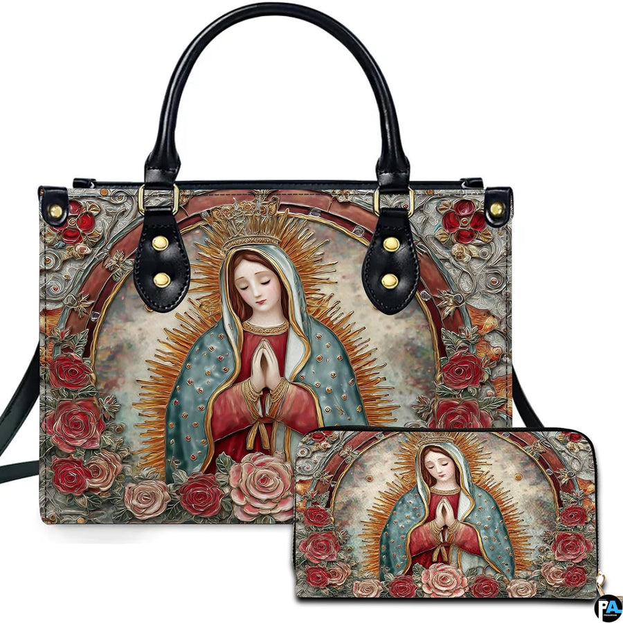 Our Lady of Guadalupe handbag displaying arched relief art with sunburst halo.