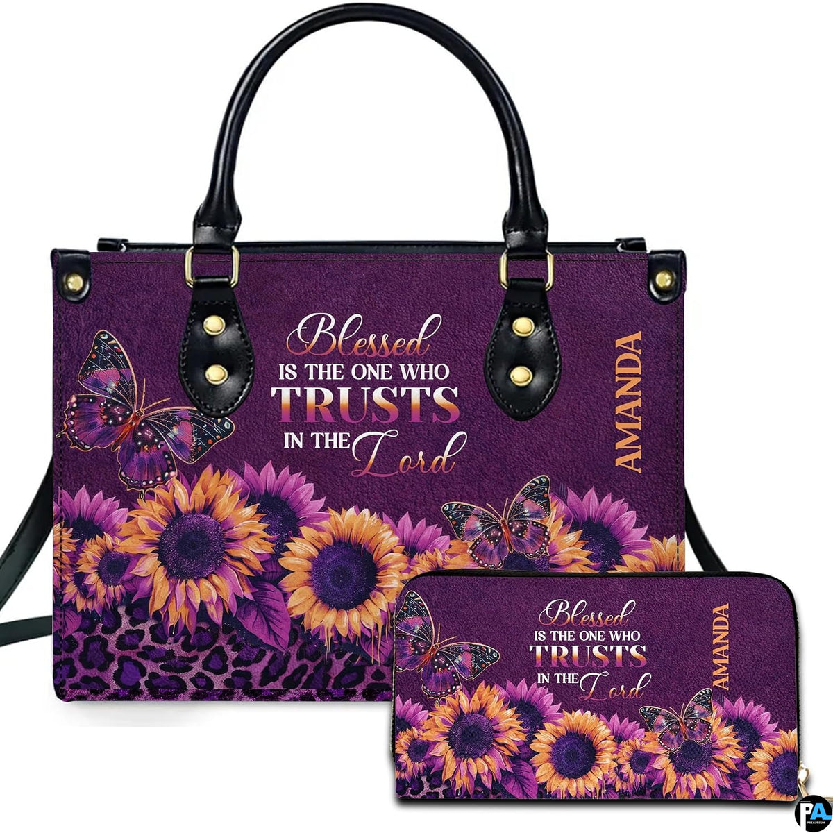 Front view of purple sunflower leopard handbag and matching zip wallet on solid white background