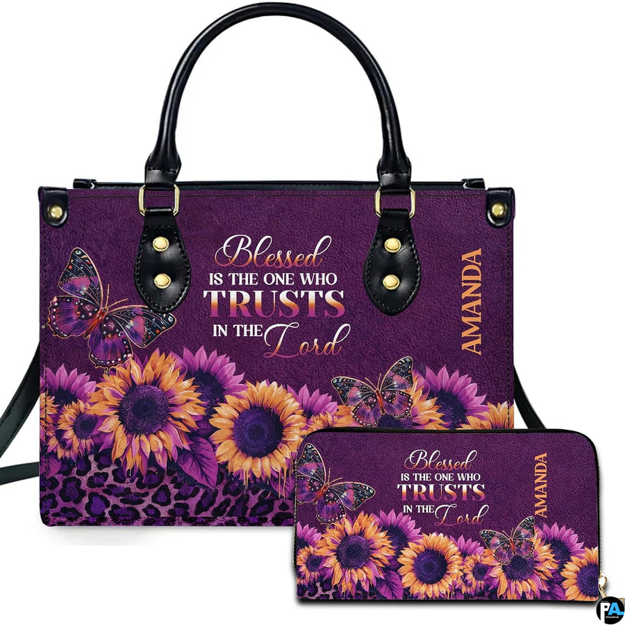 Front view of purple sunflower leopard handbag and matching zip wallet on solid white background