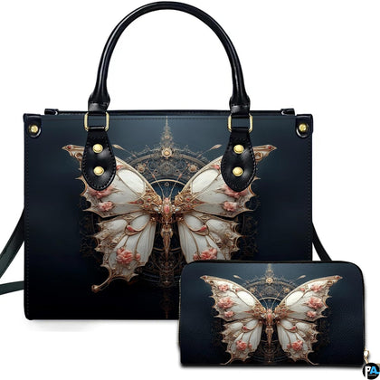 Front view of steampunk butterfly handbag and wallet set featuring ivory butterfly and clockwork mandala
