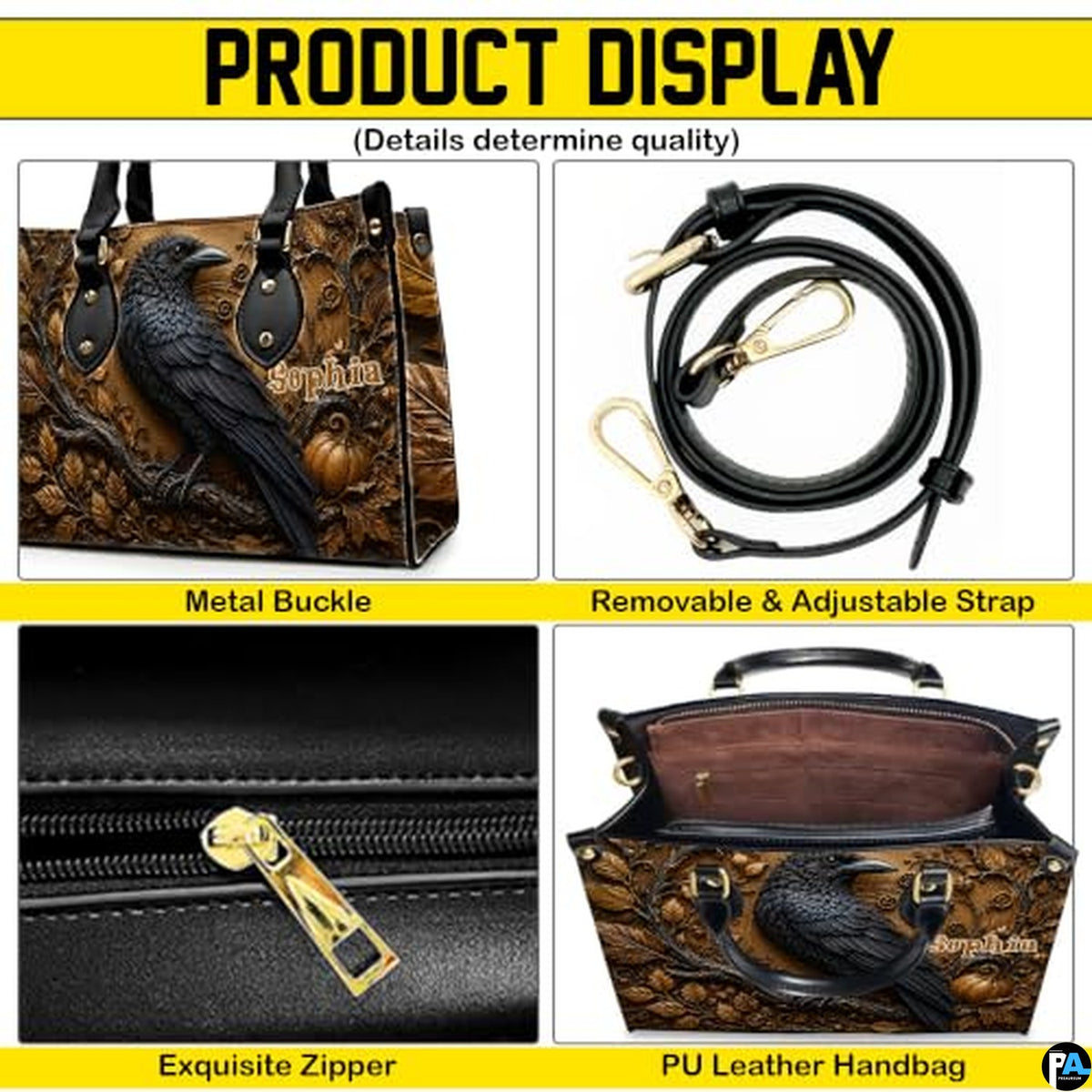 Personalized Halloween Gothic Leather Handbag Custom Raven Black Cat Purse Dark Fantasy Shoulder Bag Gift for Women