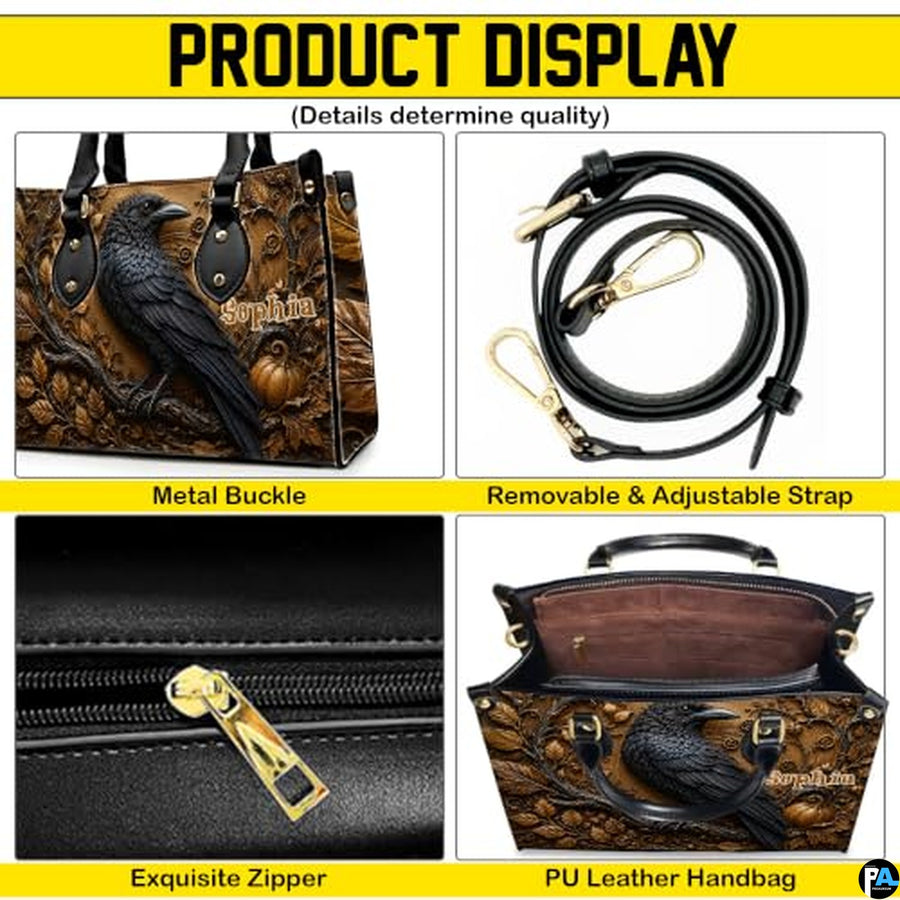 Personalized Halloween Gothic Leather Handbag Custom Raven Black Cat Purse Dark Fantasy Shoulder Bag Gift for Women