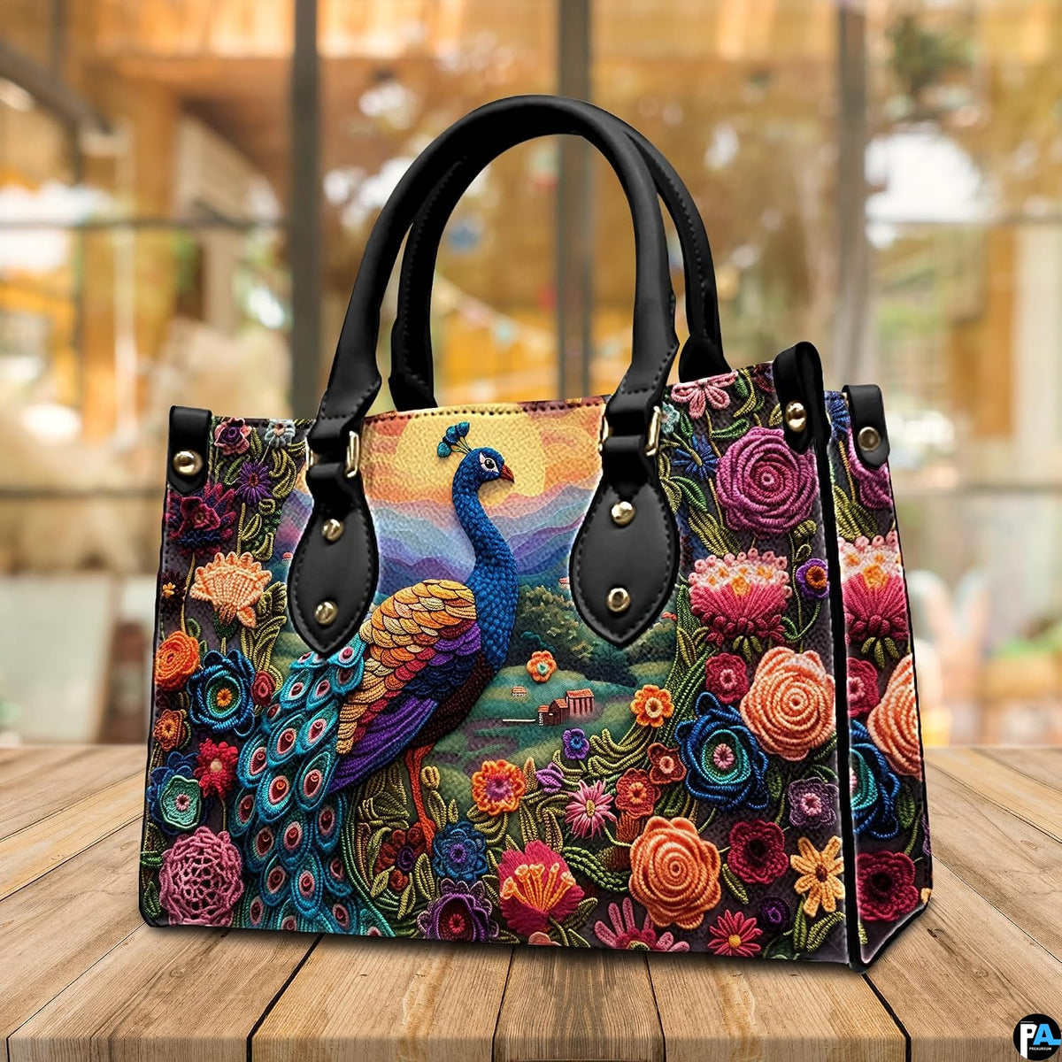 Front view of peacock floral handbag with mountain valley artwork